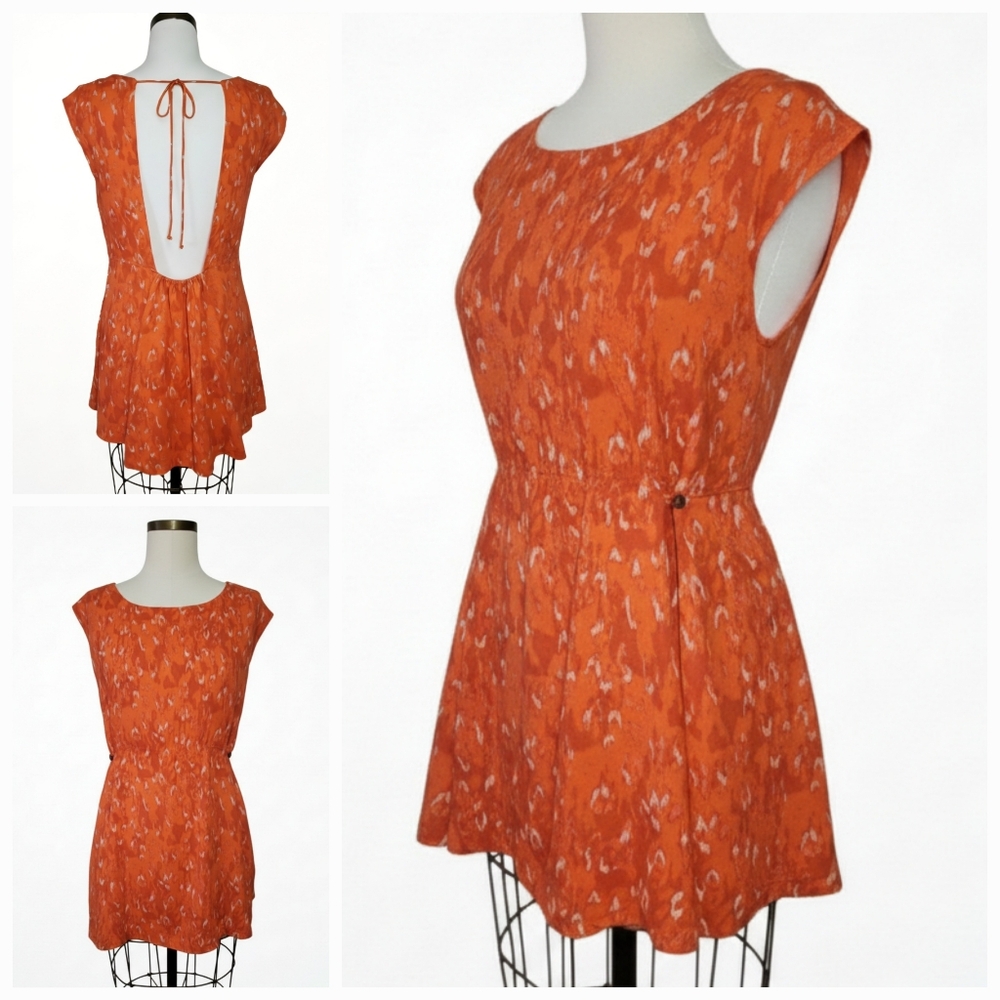 Free People Sze M Dress Mini Sleeveless Open Back Orange Abstract Chiffon Pocket
